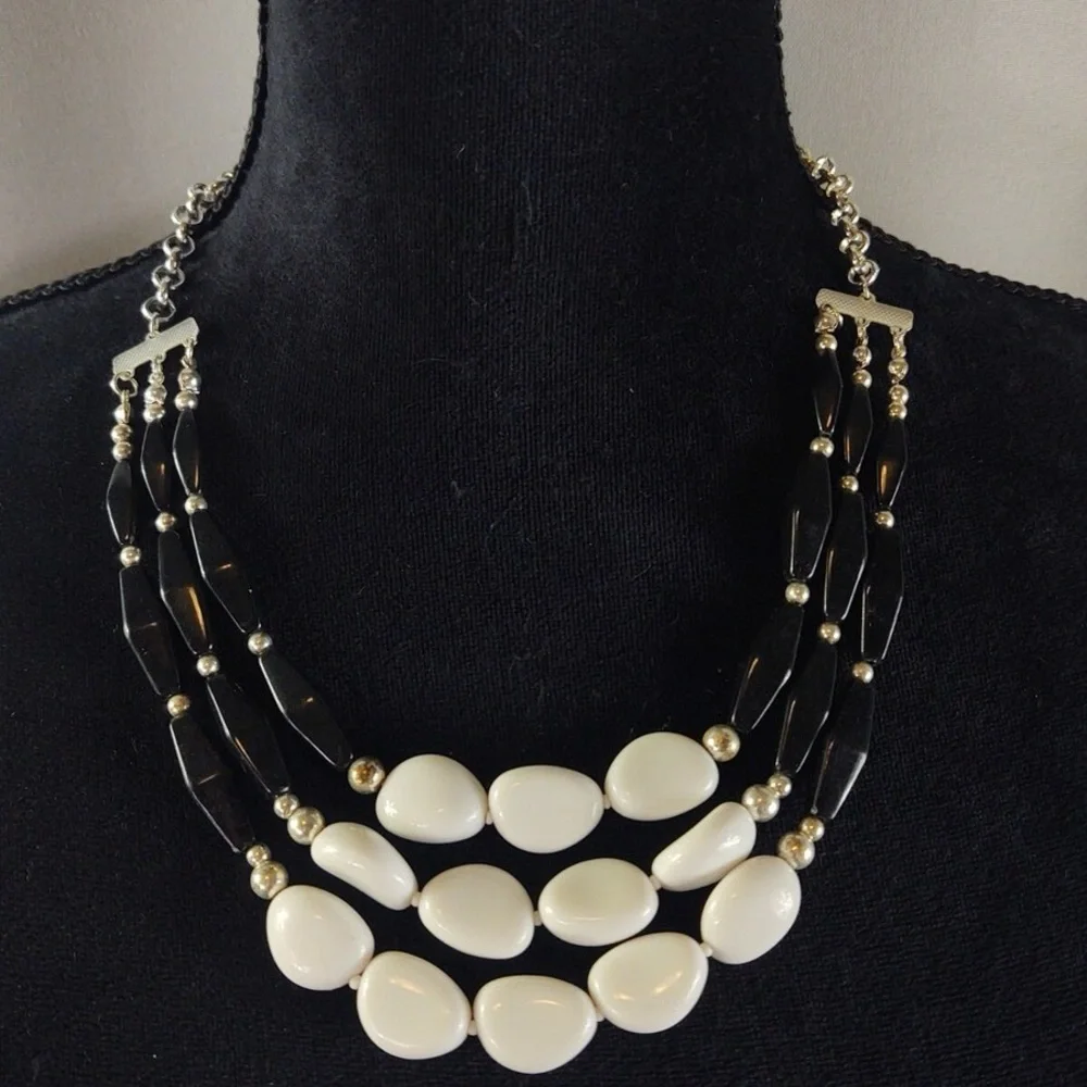 Vintage Multi Strand Beaded Choker Necklace Black White Silver Tone